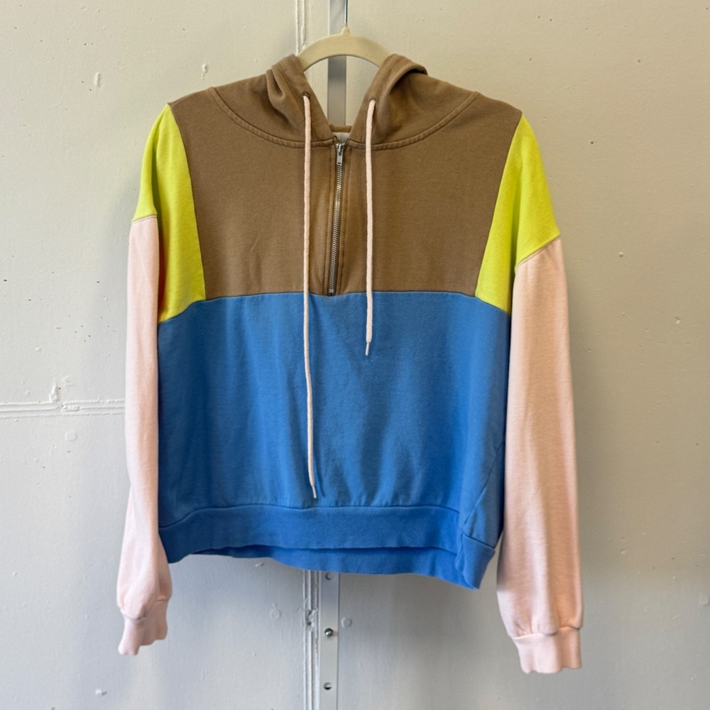 BP Nordstrom Womens Colorblock Half Zip Hoodie Sweatshirt Blue Brown Yellow Sm